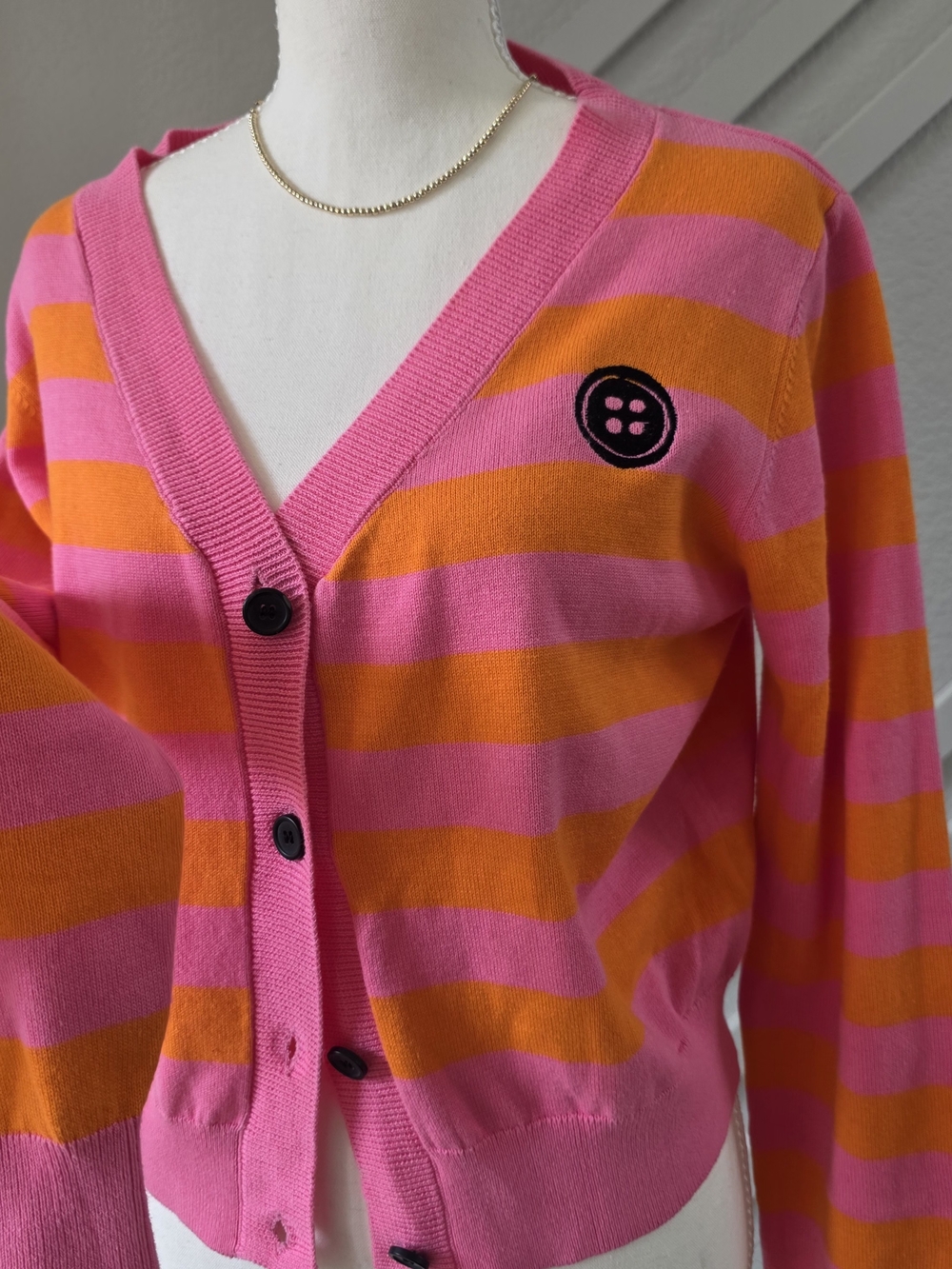 Women's Striped Knit Sweater with Doll Patch - Pink & Orange - Picture 3 of 10